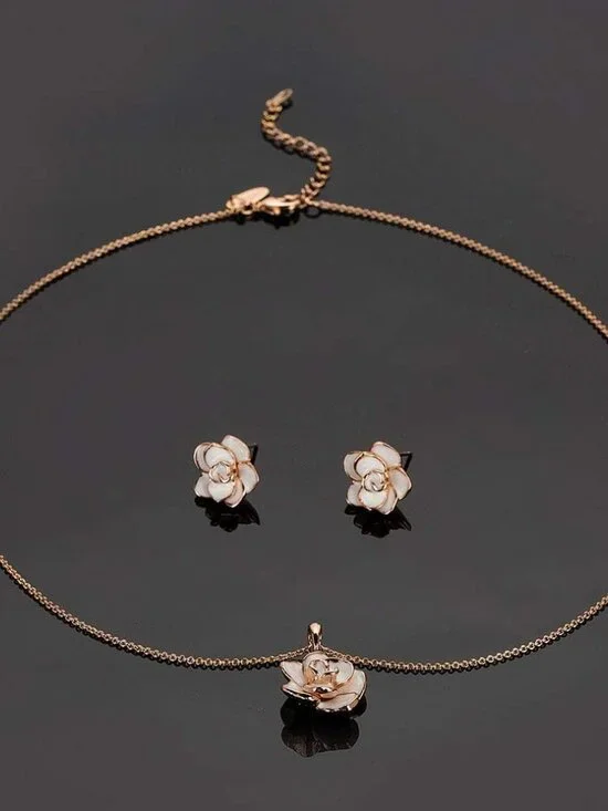 Rose Flower Necklace Earrings Set for Women 18K Gold Plated Hypoallergenic Jewel - Picture 7 of 8